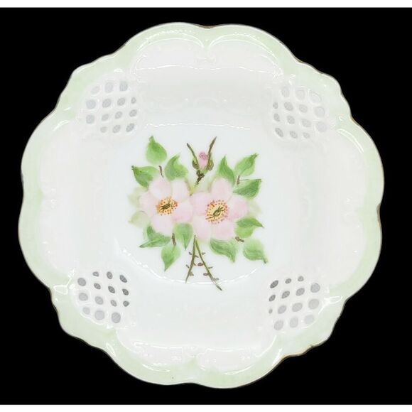 Vintage Floral Trinket Dish Hand Painted Pink Flowers Signed K. Merritt 1959 - Picture 2 of 5